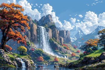 Illustrate a dynamic scene where the elements of water, climate, and global ecology come together in a visually striking composition Use a combination of pixel art and vector techniques to convey a se