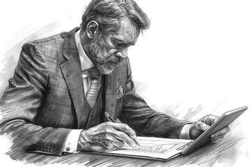 Illustrate a traditional pen and ink drawing of a detailed businessman in a classic suit, showcasing a graph on a tablet indicating business success and career progression Emphasize on ethics, leaders