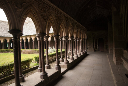 Mont Saint-Michel - April 29 2013: The cloister of the Mont Saint Michel Abbey