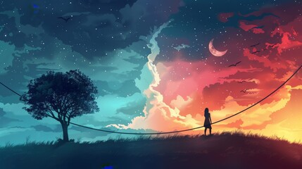 An illustration of balance, featuring a tightrope walker between day and night