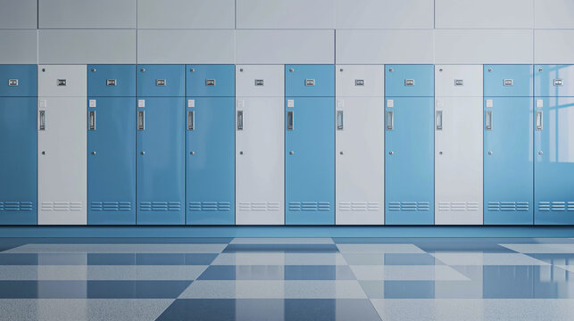 blue and white lockers on a seamless light gray backdrop.