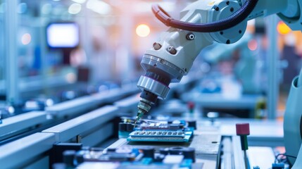 An automated robotic arm assembling electronics in a factory setting