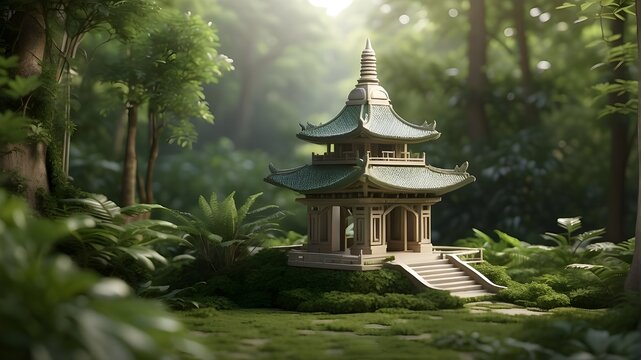 A photorealistic image showcasing a small pagoda model nestled among lush greenery in a forest setting. The focus is on capturing the intricate details of the pagoda model, including its architecture,