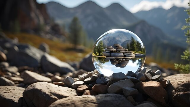 A photorealistic image depicting a glass ball placed delicately on top of a pile of rocks. The focus is on capturing the realistic texture and transparency of the glass ball, as well as the rugged sur