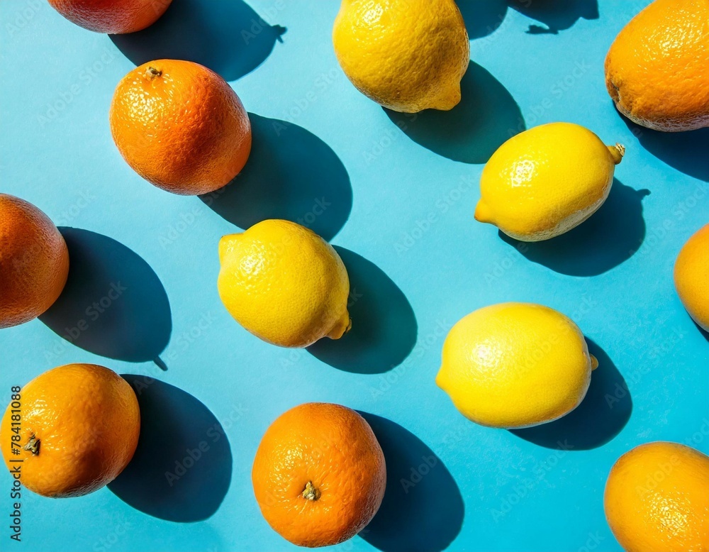 Poster flat lay pattern with summer citrus fruit on blue background. minimal concept with sharp shadows. tr