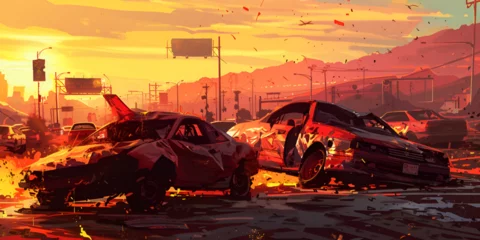 Deurstickers Two cars collide on a city street near high rise buildings Cartoon modern illustration of crushed burning vehicles with broken bumpers fire and smoke  © Jouni
