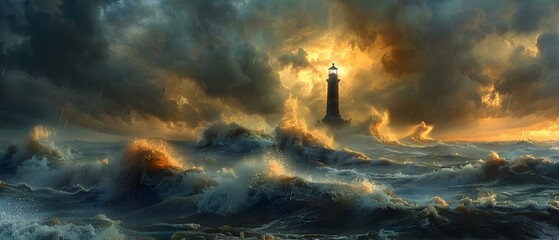Beacon Amidst the Tempest's Fury. Concept Stormy Seas, Guiding Light, Facing Adversity, Overcoming Challenges, Finding Hope - obrazy, fototapety, plakaty