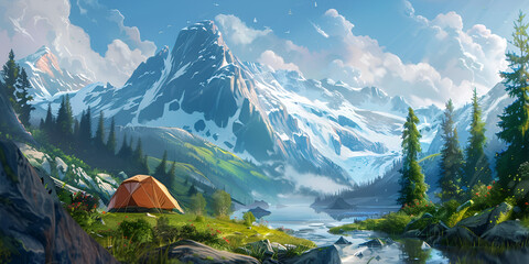 Beautiful lovely  landscape with snowy mountains ,lake and camping in the tent near the mountain stream,
