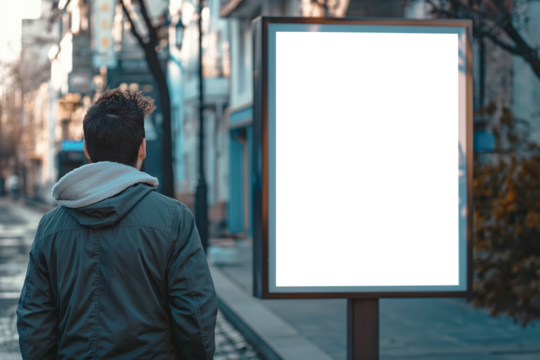A man in winter clothes walks in the city looking at a billboard mockup