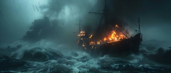 Storm-Engulfed Vessel Ablaze in Ominous Seas. Concept Shipwrecks, Stormy Seas, Ominous Skies, Disaster at Sea