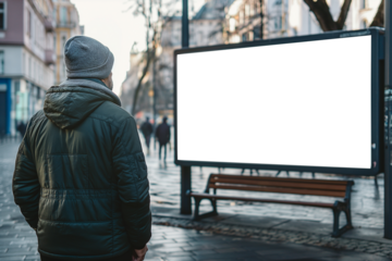 A man in winter clothes walks in the city looking at a billboard mockup