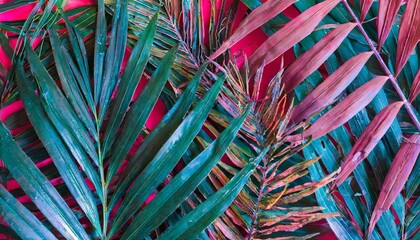Creative fluorescent color layout made of tropical leaves. Flat lay neon colors. Nature concept.