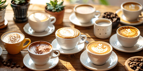 Different types of hot coffee with foam in white cups on wooden table home interior,