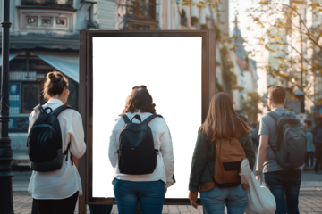 A group of people walking in the city looking at a billboard mockup