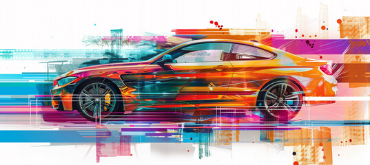 Vibrant car collage with dynamic white lines and modern urban background