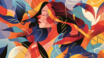 Abstract depiction of a woman with her hair windswept by a kaleidoscope of dynamic, colorful shapes, evoking movement and energy.
