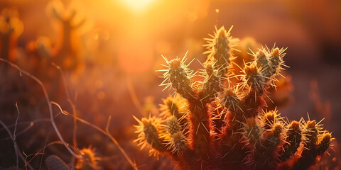 Desert landscape filled with cacti and tumbleweeds Close up with the sun behind it
