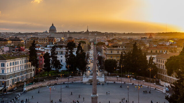 Roma, Italy - May 2 2013: The panorama view of Piazza Popolo from the terrazza Pincio