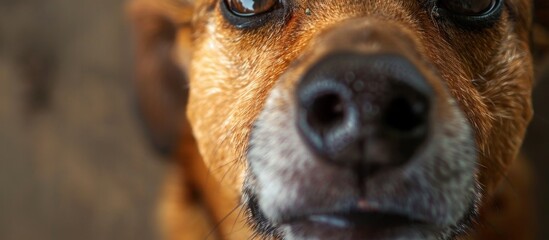 Focus on the detailed features of a dog's face with a soft, out-of-focus backdrop in the background