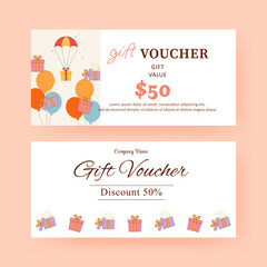 gift voucher voucher. Coupon template with colorful balls decoration and gift bx. elegant aesthetic design. good for boutique, jewelry, floral shop, beauty salon, spa, fashion, flyer, banner design 64