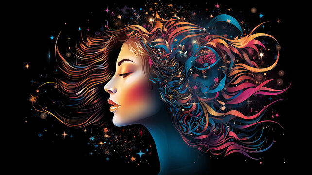 Artistic representation of a woman with her hair flowing into a universe-themed cascade, blending portraiture with cosmic elements.
