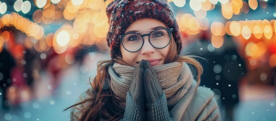 A woman with eyeglasses and a stylish scarf is standing outdoors in the cold winter snow - obrazy, fototapety, plakaty