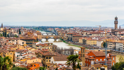 Florence, Italy - May 12 2013: The Florene cityscape from the Arno River - obrazy, fototapety, plakaty