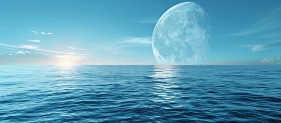 The vast expanse of the ocean under a sky where a large moon is rising against a backdrop of a bright sun shining in the distance