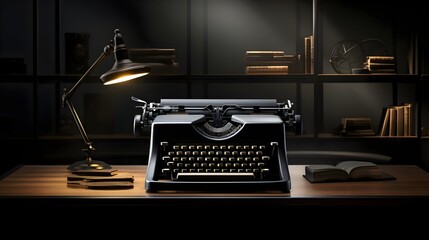 Fototapeta na wymiar Vintage Typewriter Desk Lamp Open Book Dark Room