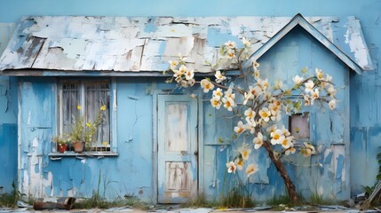 Aged Blue Cottage Blooming Tree Peeling Paint Rustic Charm Weathered Texture Tranquility