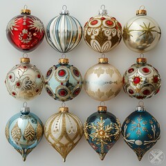 clipart of vintage Christmas ornaments with a white background, showcasing a variety of classic designs such as filigree balls, hand-painted figurines, and nostalgic glass icicles