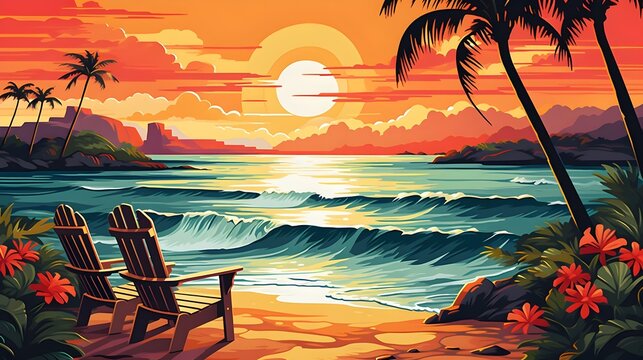 Tropical Sunset Beach Adirondack Chairs Ocean Waves Palms