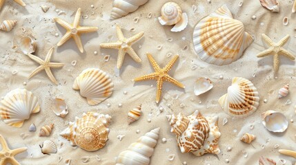 Fototapeta na wymiar Seashells and Starfish Pattern on Sandy Beach Tile