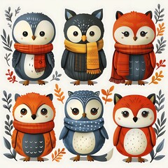 Fototapeta premium clipart featuring endearing winter animals, including penguins, owls, and foxes, dressed in colorful sweaters and scarves, set against a white background to create a delightful