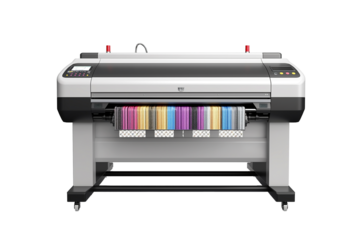 Modern large format printer machine with colour samples isolated on transparent background.