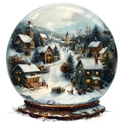 clipart of a delightful snow globe village scene, with miniature houses, a snowy landscape, and villagers gathered around a central square, all encapsulated within a snow globe  - obrazy, fototapety, plakaty