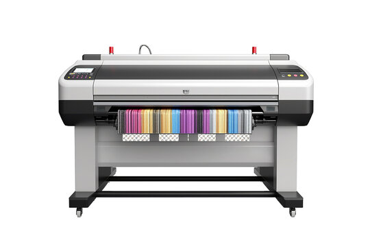Modern large format printer machine with colour samples isolated on transparent background.