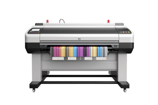 Modern large format printer machine with colour samples isolated on transparent background.