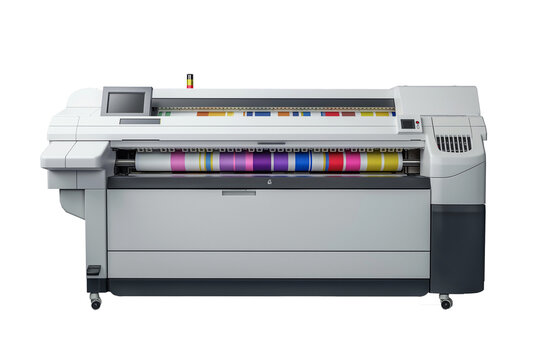 Modern large format printer machine with colour samples isolated on transparent background.