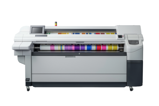 Modern large format printer machine with colour samples isolated on transparent background.