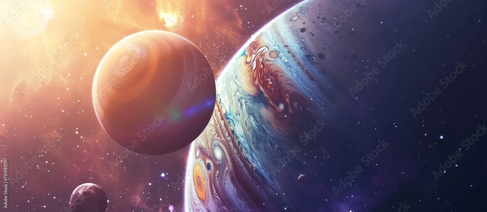 Poster planets floating gracefully in the vastness of outer space, bathed in the radiant glow of a brillian