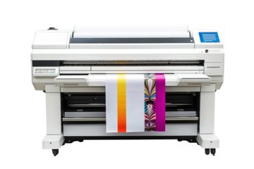 Modern large format printer machine with colour samples isolated on transparent background.