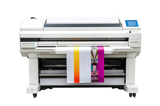 Modern large format printer machine with colour samples isolated on transparent background.