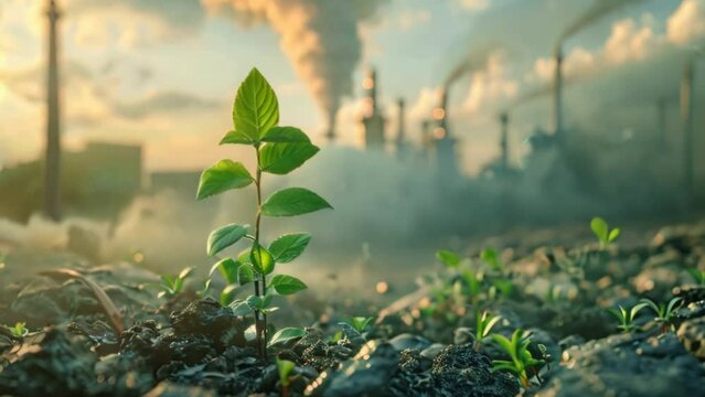 A resilient green plant thrives amid industrial chimney emissions. Reducing carbon through thought-provoking imagery.