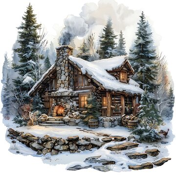 a clipart image of a picturesque winter cabin scene, focusing on the details of the snow-laden roof, a smoking chimney, and surrounding snow-dusted pine trees.