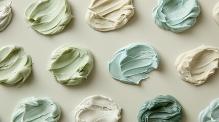 A row of green, white, and blue paint swatches
