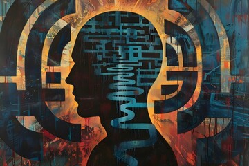 A painting of a head with a maze in the background. The painting is abstract and has a mood of confusion and disorientation