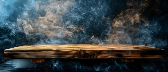 Mystical Wooden Table Display with Swirling Smoke. Concept Wooden Decor, Smoke Patterns, Mystical Vibes, Table Setting, Creative Photography