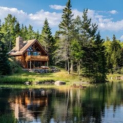 Fototapeta na wymiar Quintessential Vacation Log Cabin Nestled Between Pristine Lake and Dense Pine Forest