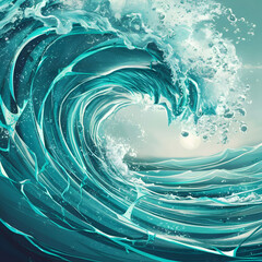 Giant wave crashes on blue sea, abstract shapes bursting with energy. Sunlight dances on water, vast horizon beckons. Nature's power, life's constant flow. - obrazy, fototapety, plakaty